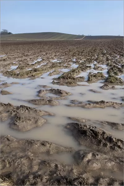 Ploughed arable field with extreme waterlogging, Yorkshire, England, February
