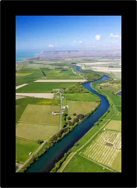 Farmland and Wairau River, Cloudy Bay, Marlborough, South Island, New Zealand - aerial