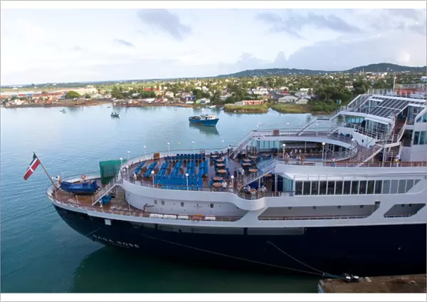 The bow of a cruise ship in the harbor in St. Johns, Antigua, in the southern