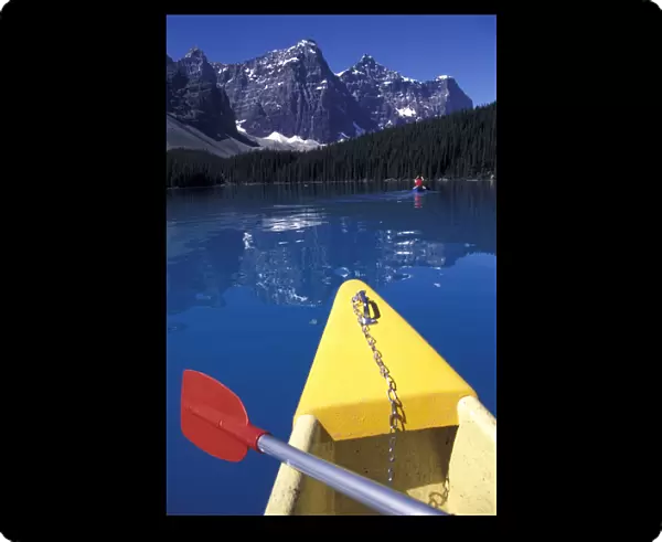 North America, Canada, Alberta, Banff National Park. Canoeing on Moraine Lake