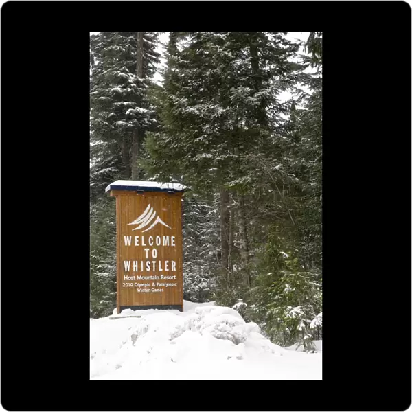 CA, BC, Whistler. Fresh snow piled atop entrance sign to Whistler announcing 2010