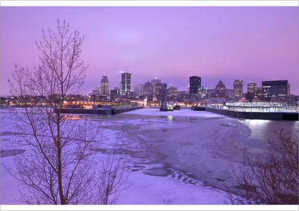 Canada-Quebec-Montreal: Evening City View in Winter of Old Port Area & Downtown