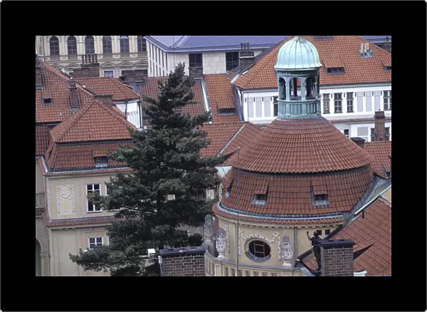 Europe, Czech Republic, Prague Brick rooftops seen from the Old Town Bridge Tower
