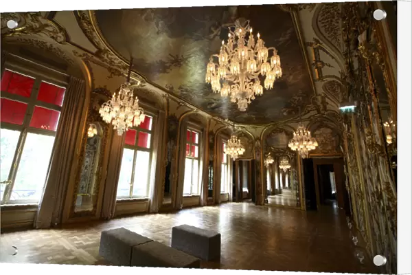 Crystal chandeliers decorating the main hall of Galerie-Musee Baccarat. Paris. France