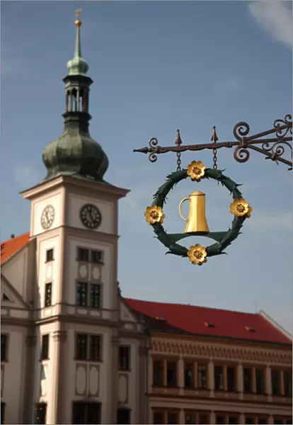 Europe, Czech Republic, West Bohemia, city of Loket. Sign of a beer house with the