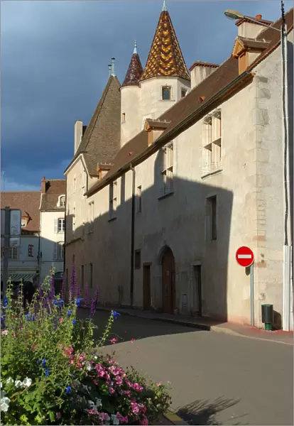 03. France, Burgundy, Beaune, flowers along street by Hotel-Dieu