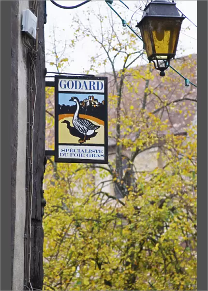 Sign advertising Godard Foie Gras, Duck or Goose fat liver. Tree and lantern in background