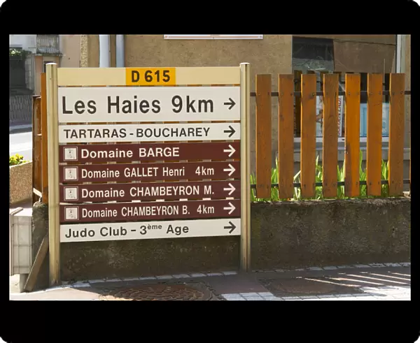 Road signs in the village to Domaine Barge, Gallet Henri, Chambeyron. Ampuis, Cote Rotie