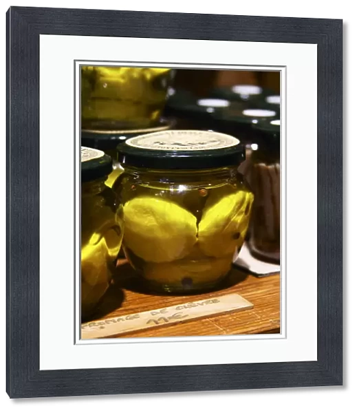 In the shop: Glass jars with goat cheese chevre in olive oil. Moulin Mas des Barres olive mill