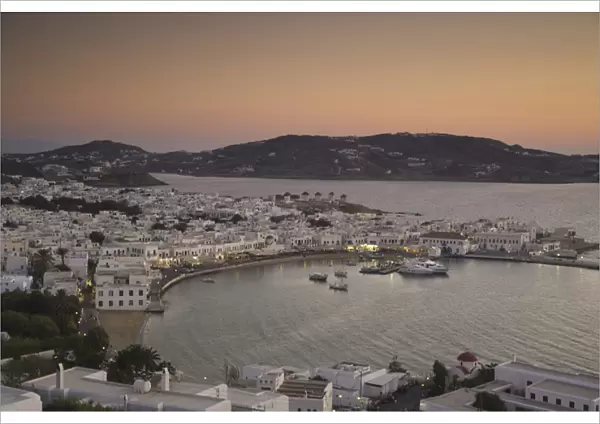 Greece and Greek Island of Mykonos and the harbor town of Hora just after sunset