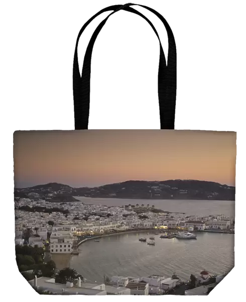 Greece and Greek Island of Mykonos and the harbor town of Hora just after sunset