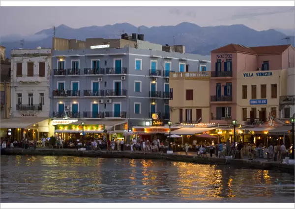 Greek Island of Crete and old town of Chania evening light along the old harbor