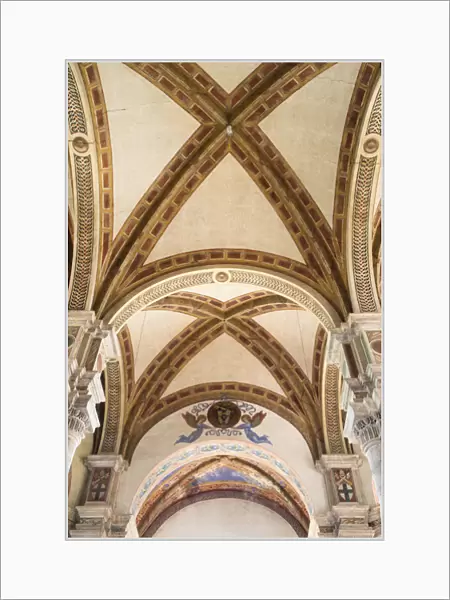 Europe, Italy, Pienza. View of roof vaults and painting inside the Cathedral of Santa Maria Assunta