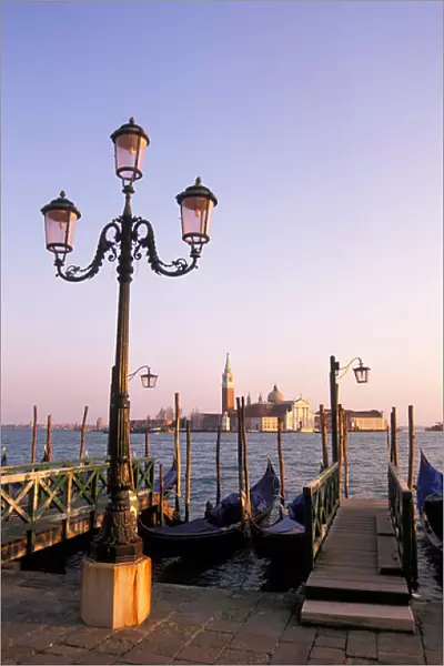Italy, Veneto, Venice, San Marco pier and San Giorgio Maggiore at sunset