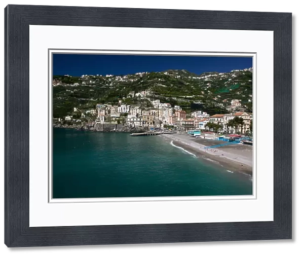 Europe, Italy, Campania, (Amalfi Coast) Maiori: Town View with Beach