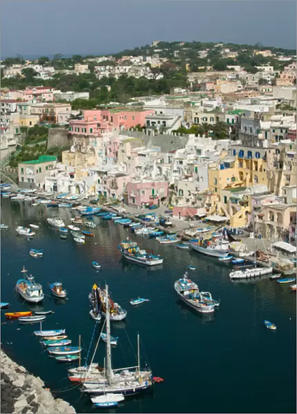 ITALY-Campania-(Bay of Naples)-PROCIDA-CORRICELLA: Town view of CORRICELLA port