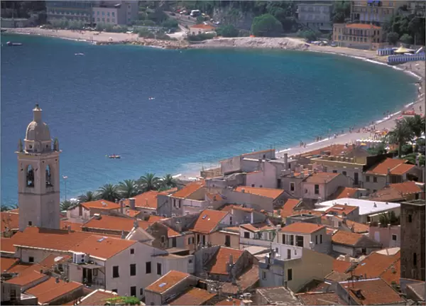Europe, Italy, Liguria, Noli: Riviera di Ponente. Town view from castelo