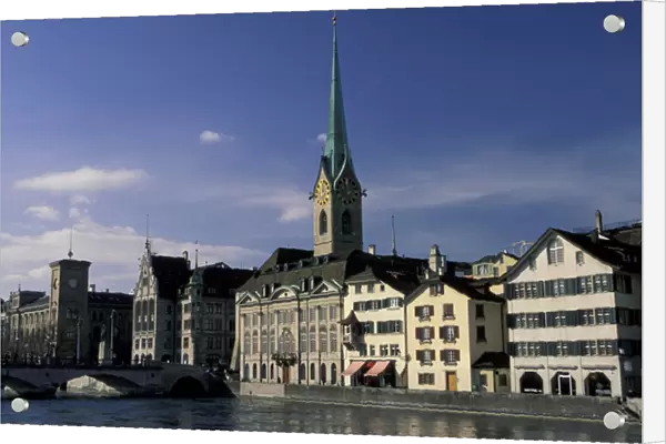 Europe, Switzerland, Zurich. Daytime view of Fraumunster Church and River Limmat