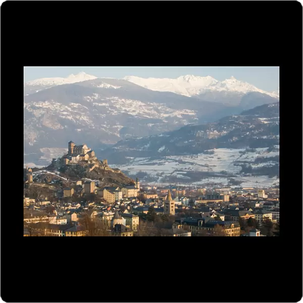 SWITZERLAND-Wallis  /  Valais-SION: Basilique de Valere (12th century) & Town Late Afternoon  / 