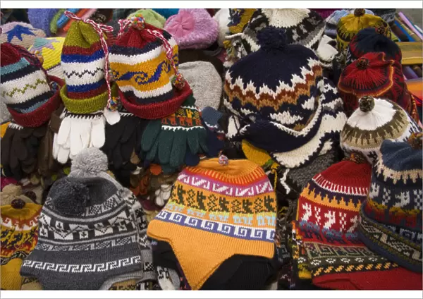 South America, Ecuador, Saquisili, hats on display at weekly food and crafts market