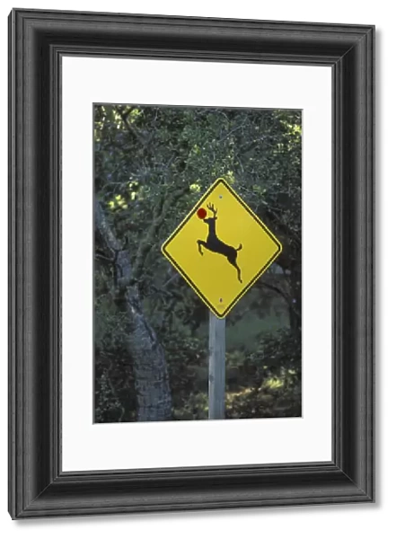 USA, California. A prankster converted a deer crossing sign into a Rudolph the reindeer