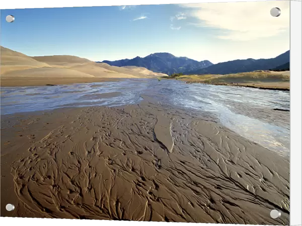 USA, Colorado, Great Sand Dunes NM. Medano Creek flows through the Great Sand Dunes NM