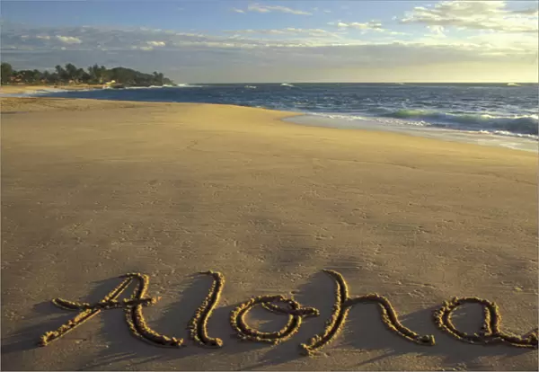 USA, Hawaii Aloha written on Hawaiian beach Used in World