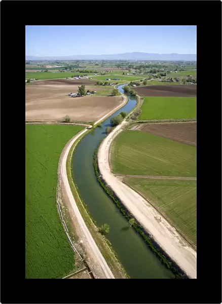 Aerial view of farmland and an irrigation canal in Canyon County, Idaho