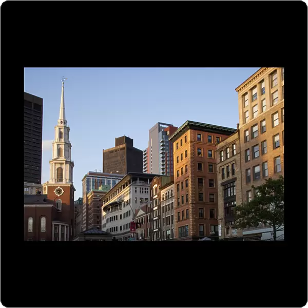 USA, Massachusetts, Boston, Old North Church and city skyline on s[ring evening