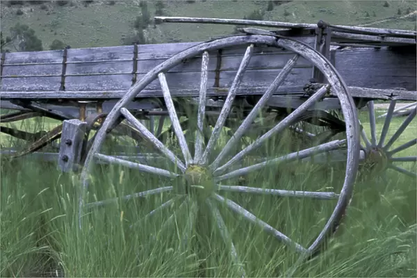 NA, USA, Montana Wrecked wooden wagon