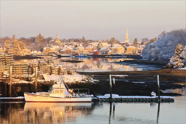 A lobster boat in Portsmouth Harbor in Portsmouth, New Hampshire. Winter