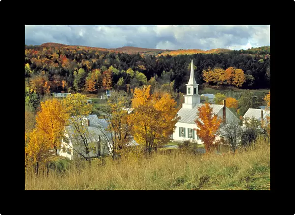 USA, Vermont, Waits River. An overview of the quaint, fall-tickled village of Waits River
