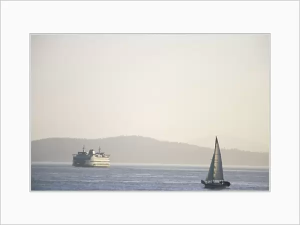 North America, USA, Washington, Seattle, Elliott Bay. Sailboat and ferry on Elliott Bay