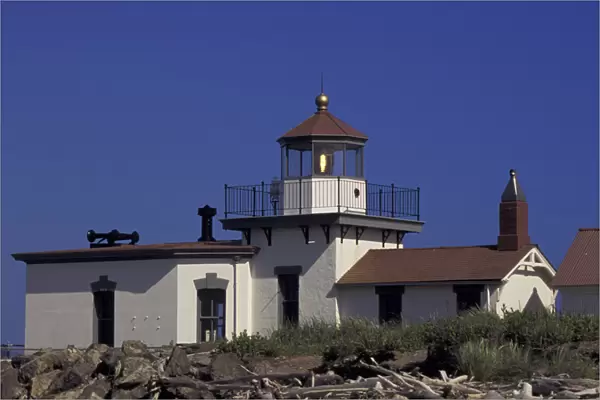 USA, Washington State, Seattle. West Point Lighthouse, established 1881, Summer