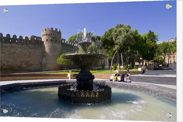 Fountain before the city wall of the old town of Baku, Azerbaijan, Caucasus