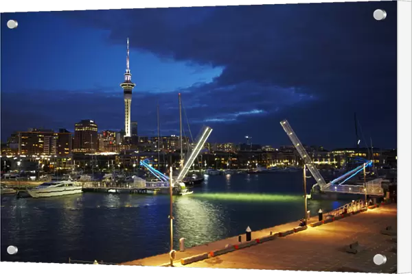 Wynyard Crossing bridge, and Skytower, Auckland waterfront, North Island, New Zealand