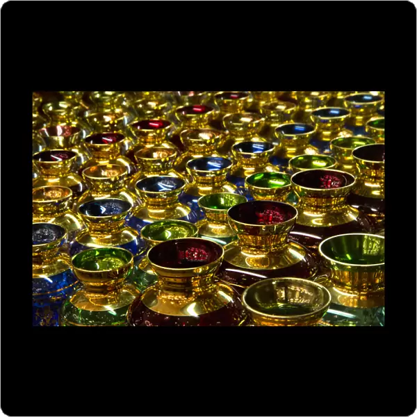 Colorful and Golden glass cups on display and for sale Venice Italy