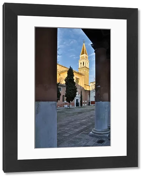 Arches and view of Bell Tower San Francesco church Venice Italy