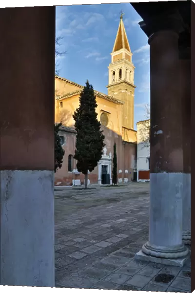 Arches and view of Bell Tower San Francesco church Venice Italy