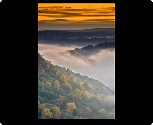 USA, New York, Letchworth State Park. Foggy landscape at sunrise