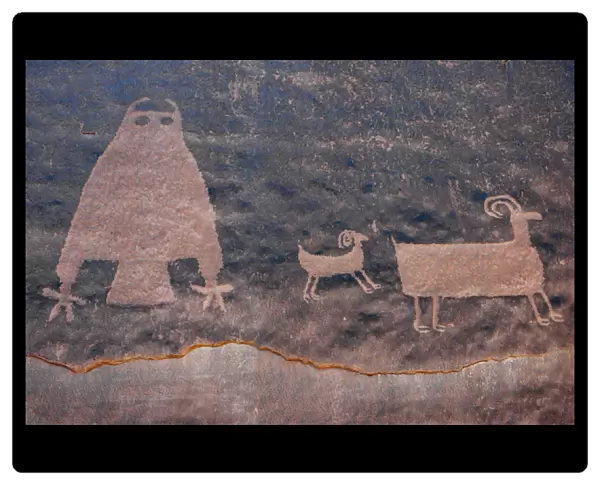 North America, USA, Utah. Owl Panel with big horn sheep, ancient petroglyph, UT