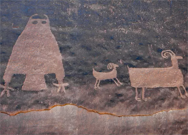 North America, USA, Utah. Owl Panel with big horn sheep, ancient petroglyph, UT