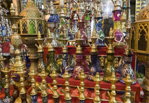 Africa, Egypt, Cairo. A colorful display of waterpipes, or hookahs, for sale in the