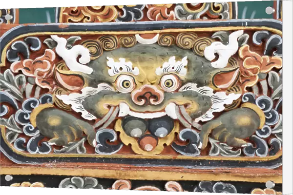 Asia, Bhutan, Punakha. Painted woodwork detail inside Punakha Dzong temple. Credit as