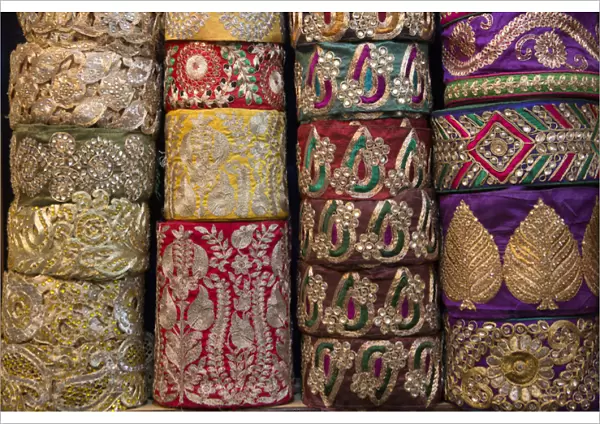Asia, New Delhi, color brocade materials for sale