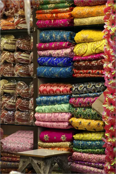 Asia, India, Delhi. Colorful Sari Shop in Old Delhi