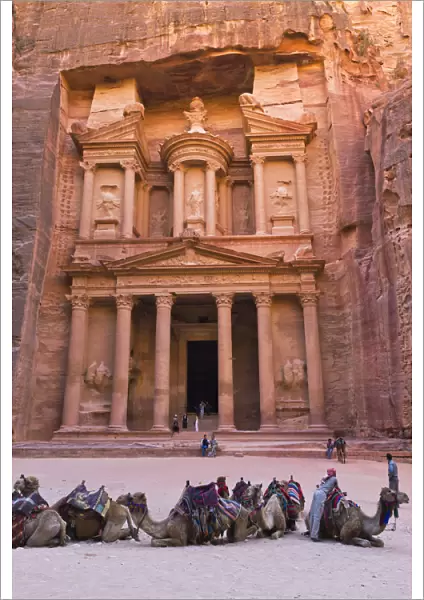 Camels at the Facade of Treasury (Al Khazneh), Petra, Jordan (UNESCO World Heritage