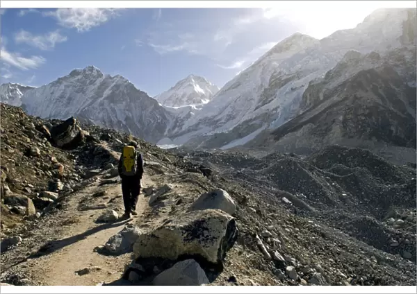 Nepal. A trekker on the Everest Base Camp Trail in the Khumbu region of Nepal