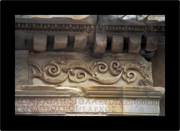 Europe, Turkey, Ephesus. Roman decorative carvings in marble on a ruin, using Greek classical motif