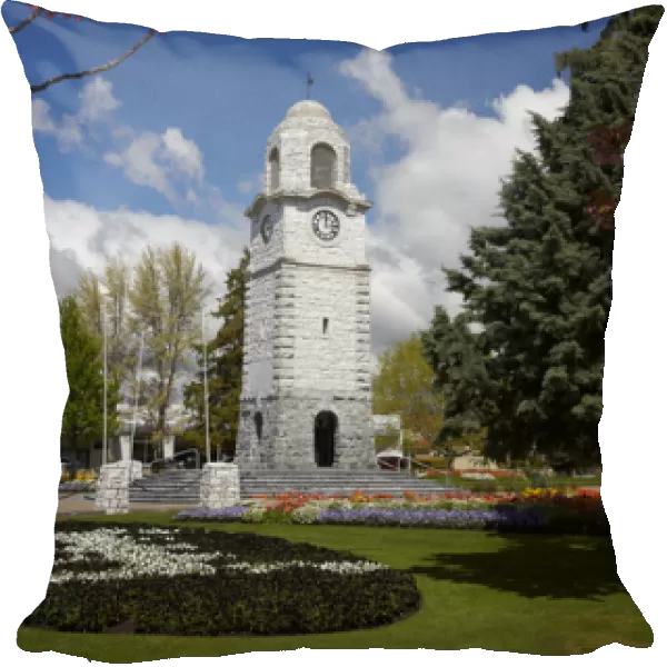 Spring blossom and Memorial Clock Tower, Seymour Square, Blenheim, Marlborough, South Island